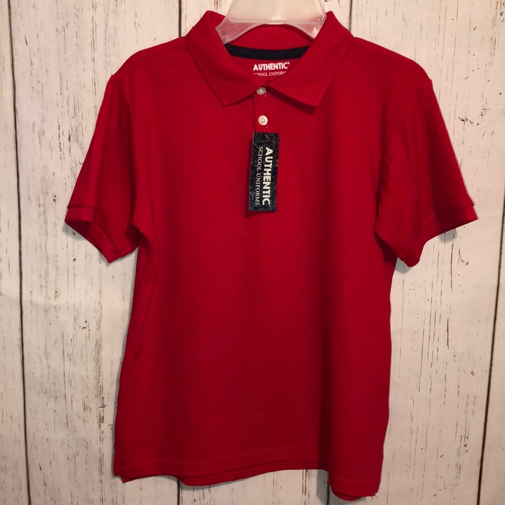 Red Polo style shirts.  Authentic school uniforms.